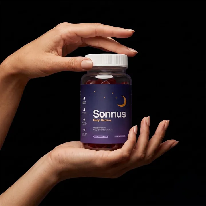 Hand holding a bottle of Sonnus